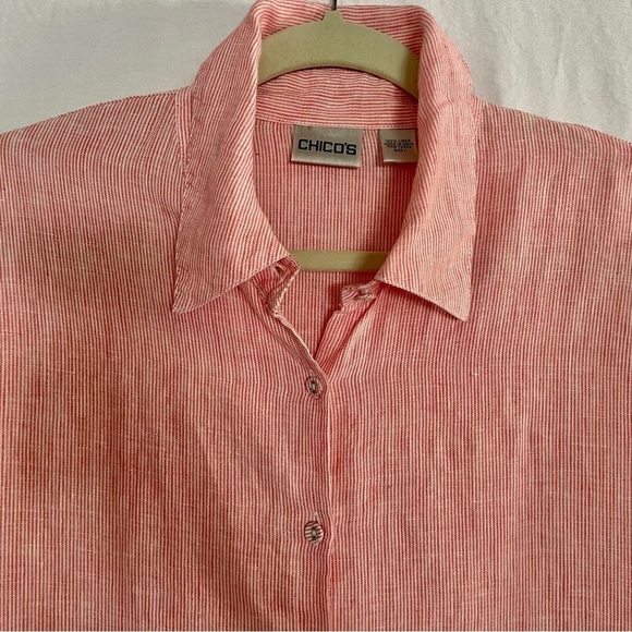 Chico's Linen Longline Button Down Striped Tunic Top Lagenlook Beachy - Picture 2 of 15